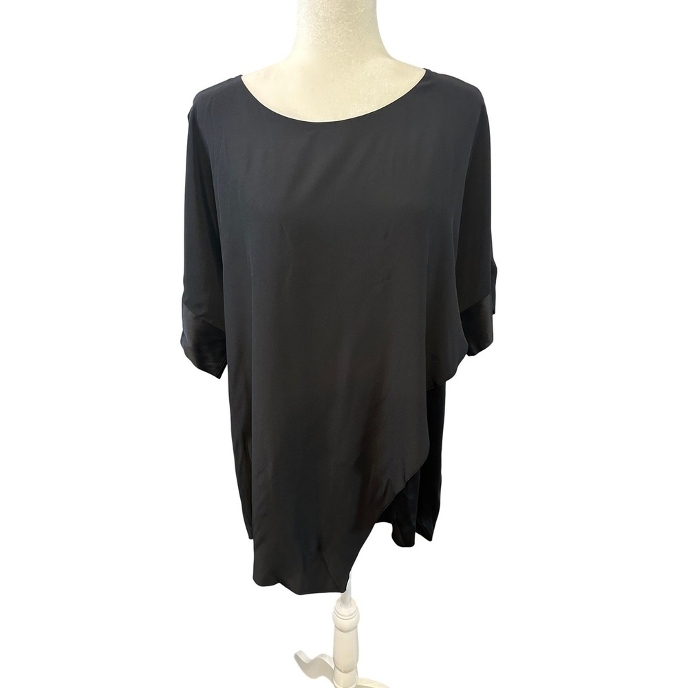 Lafayette 148 New York Black 100% Silk Asymmetrical Satin Trim Blouse Size M